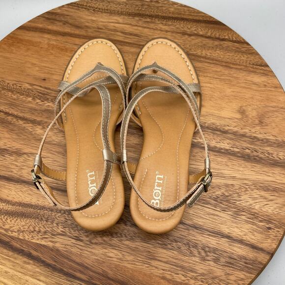 Born Sandals Womens 8 M Gold Leather Strappy Slingback Comfort Casual Wedge - Picture 5 of 8